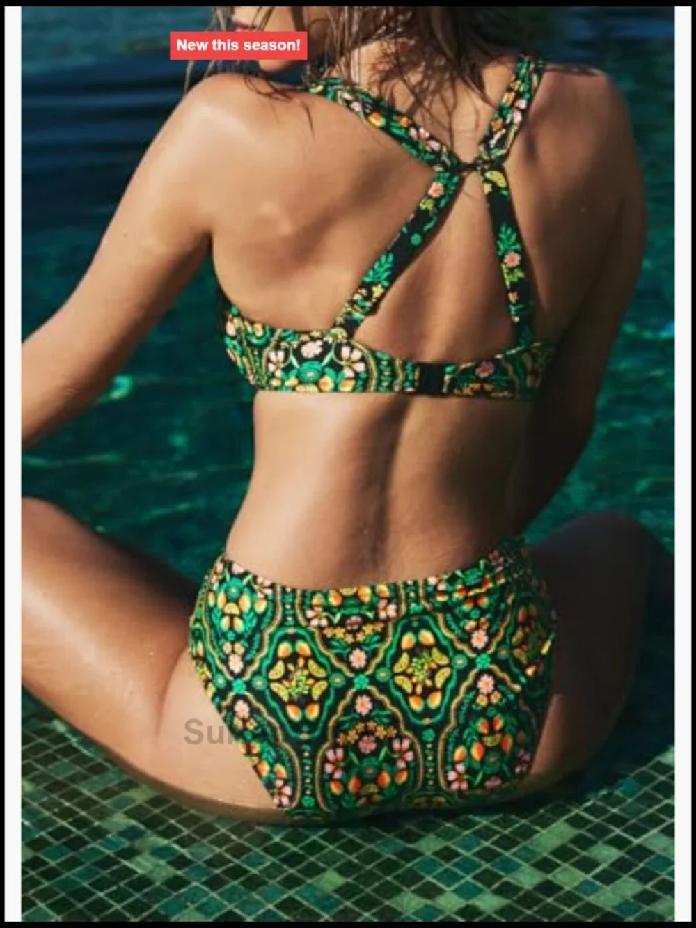 Underwire Plunge Bikini Top with Gold Leaf Trim - Size 32D